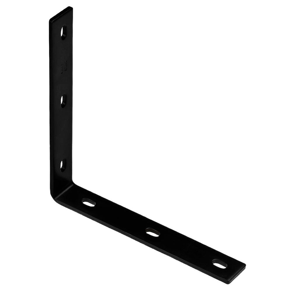 Black powder-coated heavy-duty metal corner brace with pre-drilled holes for building hardware and home improvement use