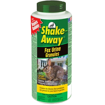 Green container of Shake Away fox urine granules for organic small critter repellent in lawn and garden pest control collection