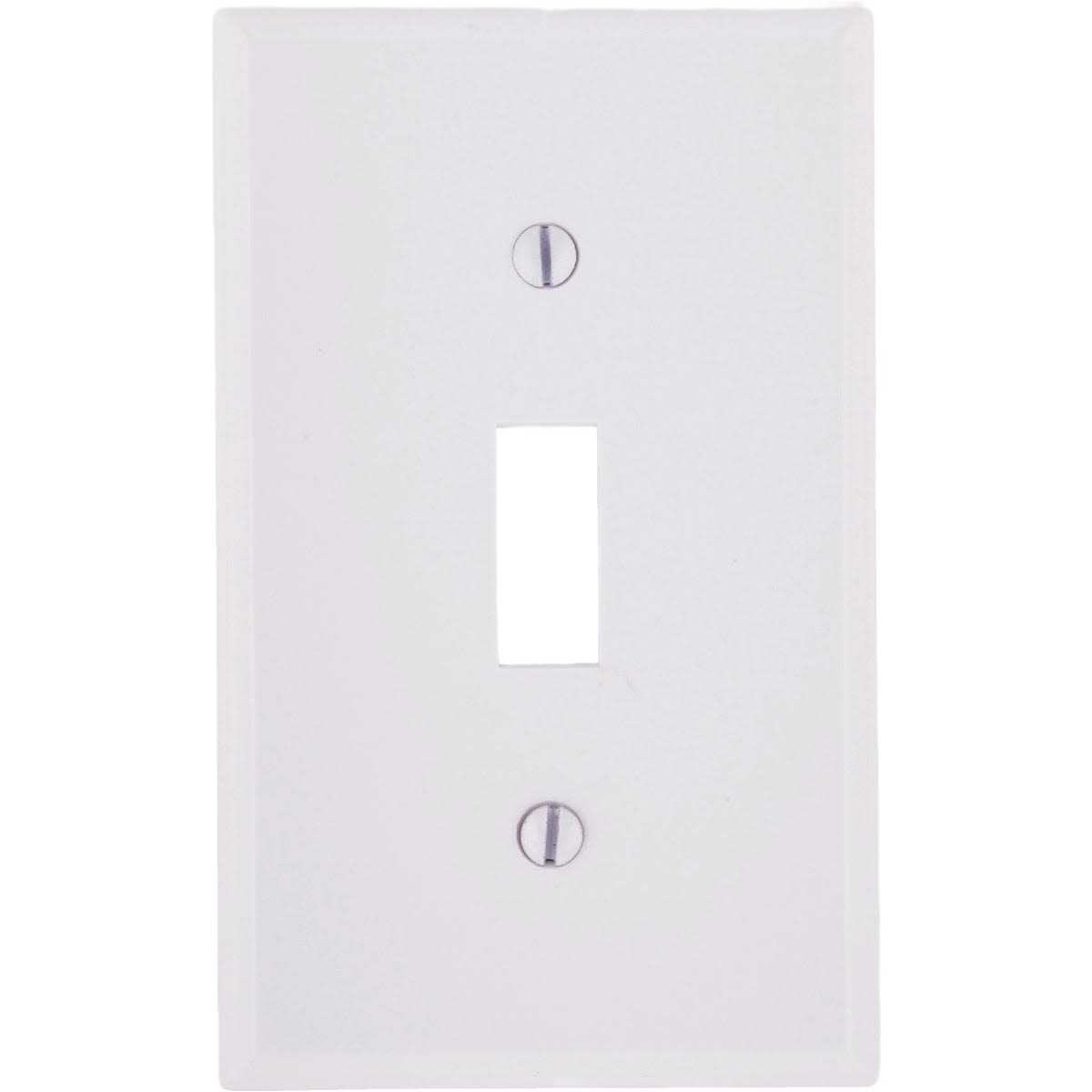 White smooth plastic wall plate with single toggle switch opening for home improvement and electrical tools