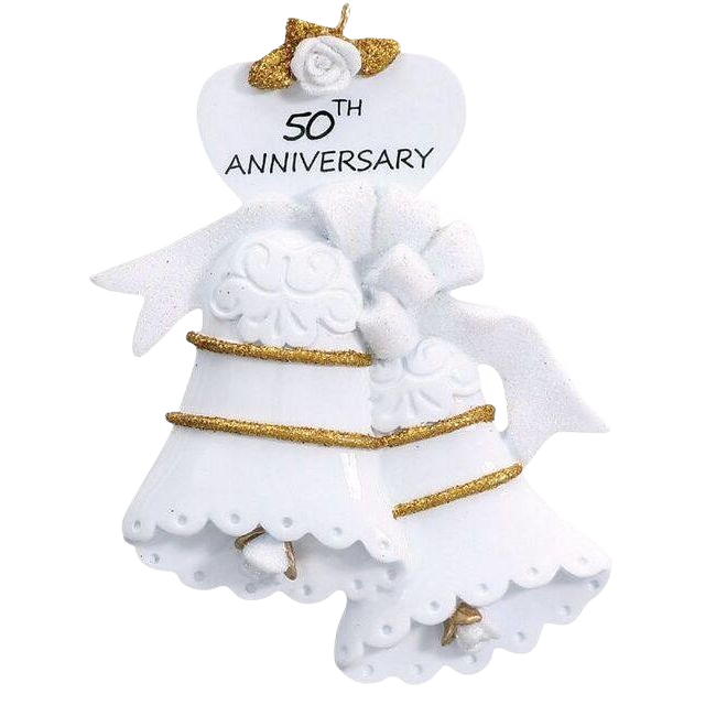 White wedding bells ornament with gold glitter and "50th Anniversary" text for Christmas Ornaments & Tree Decorations under $50