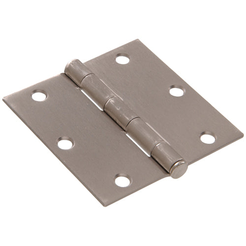 Satin nickel residential door hinge with square corners and removable pin for hardware and home improvement projects