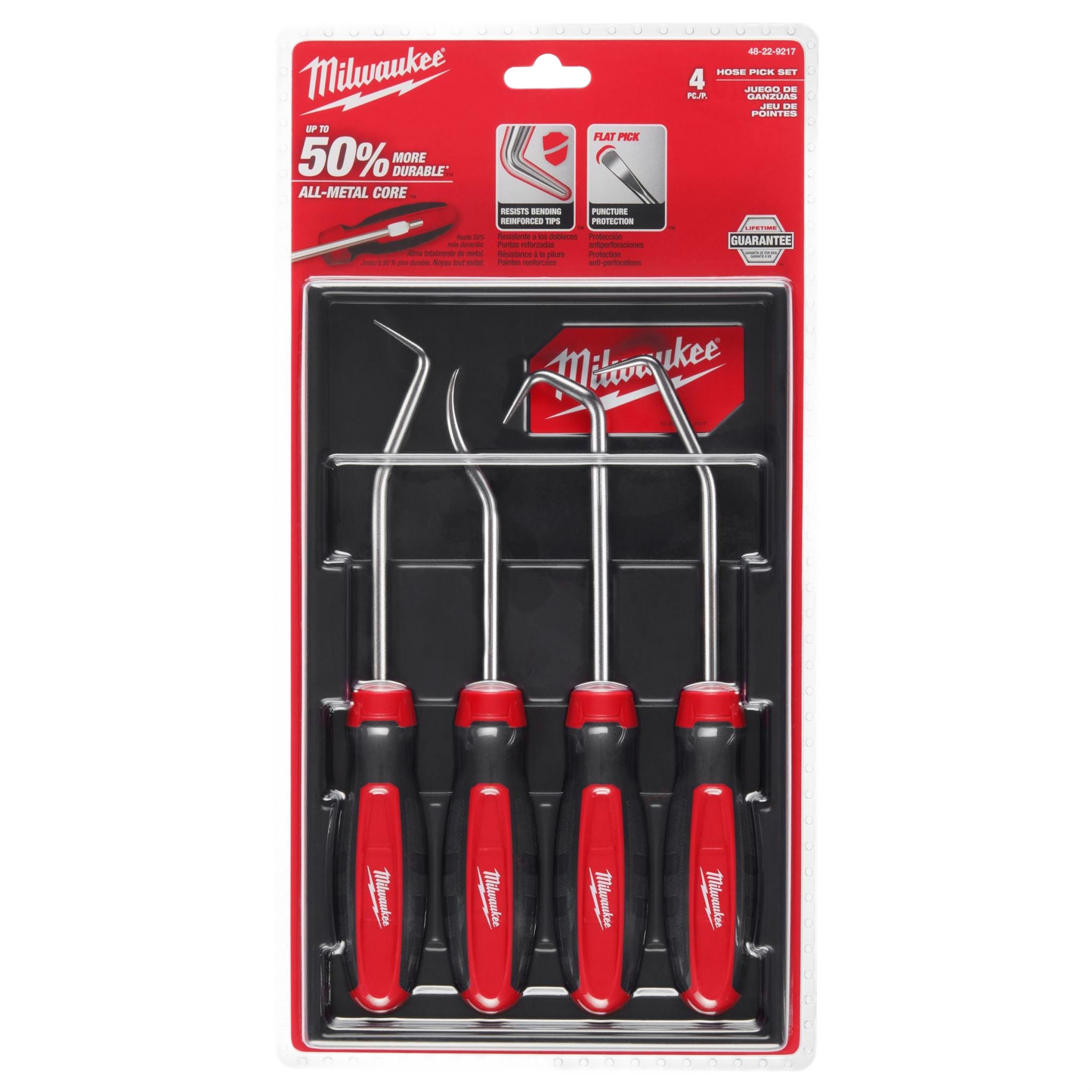 Four-piece set of red and black handled Milwaukee hose picks with metal shafts for tools and home improvement tasks