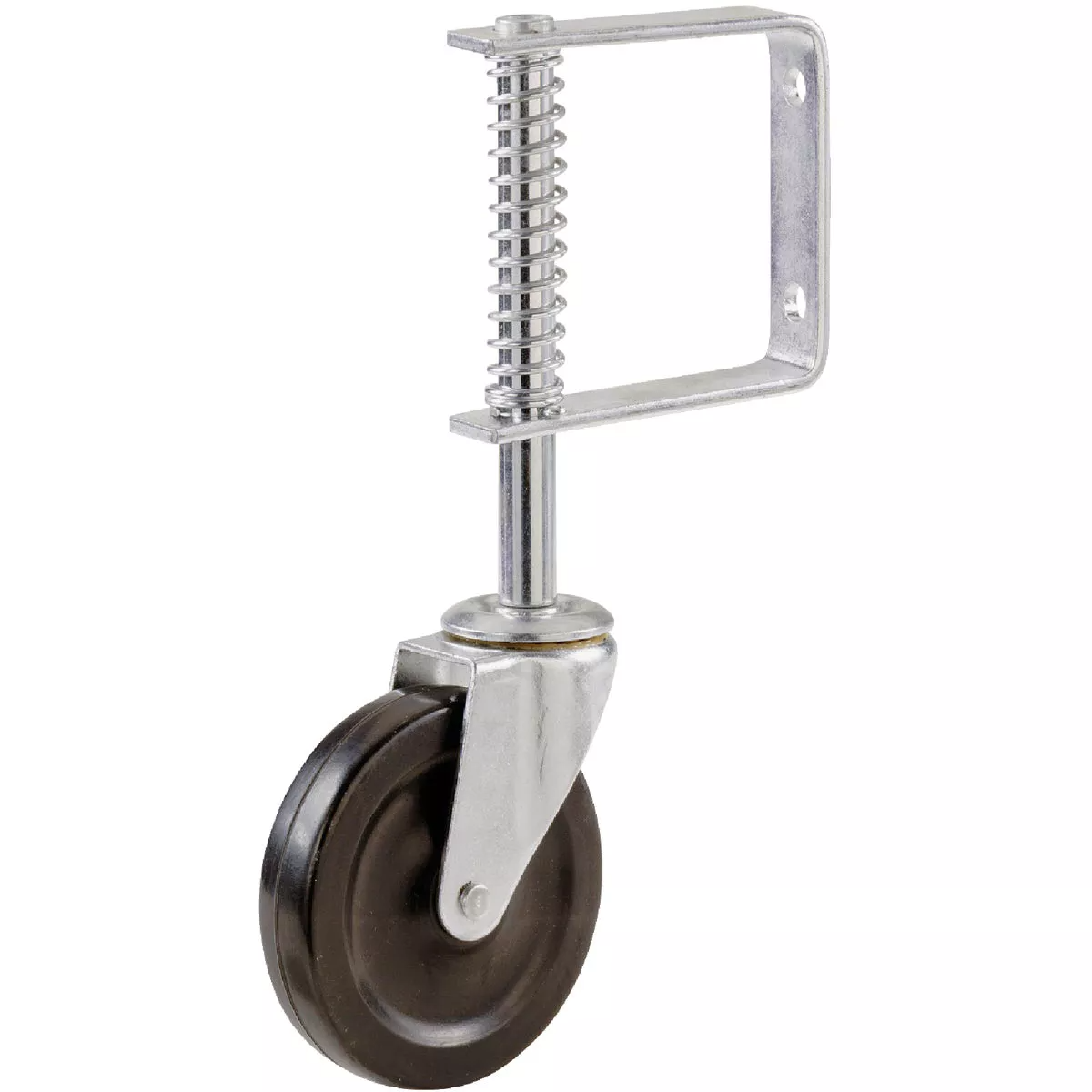 Black gate caster wheel attached to a silver adjustable spring bracket for home improvement use