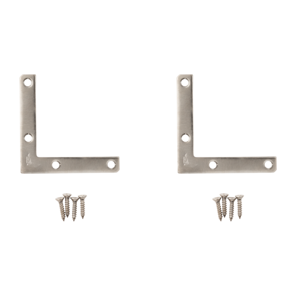 Pair of stainless steel flat corner braces with mounting screws for reinforcement in building hardware and lumber materials collections