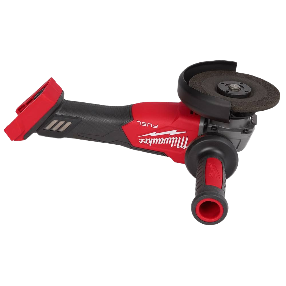 Red and black cordless angle grinder with paddle switch and ergonomic grip for home improvement and tools use