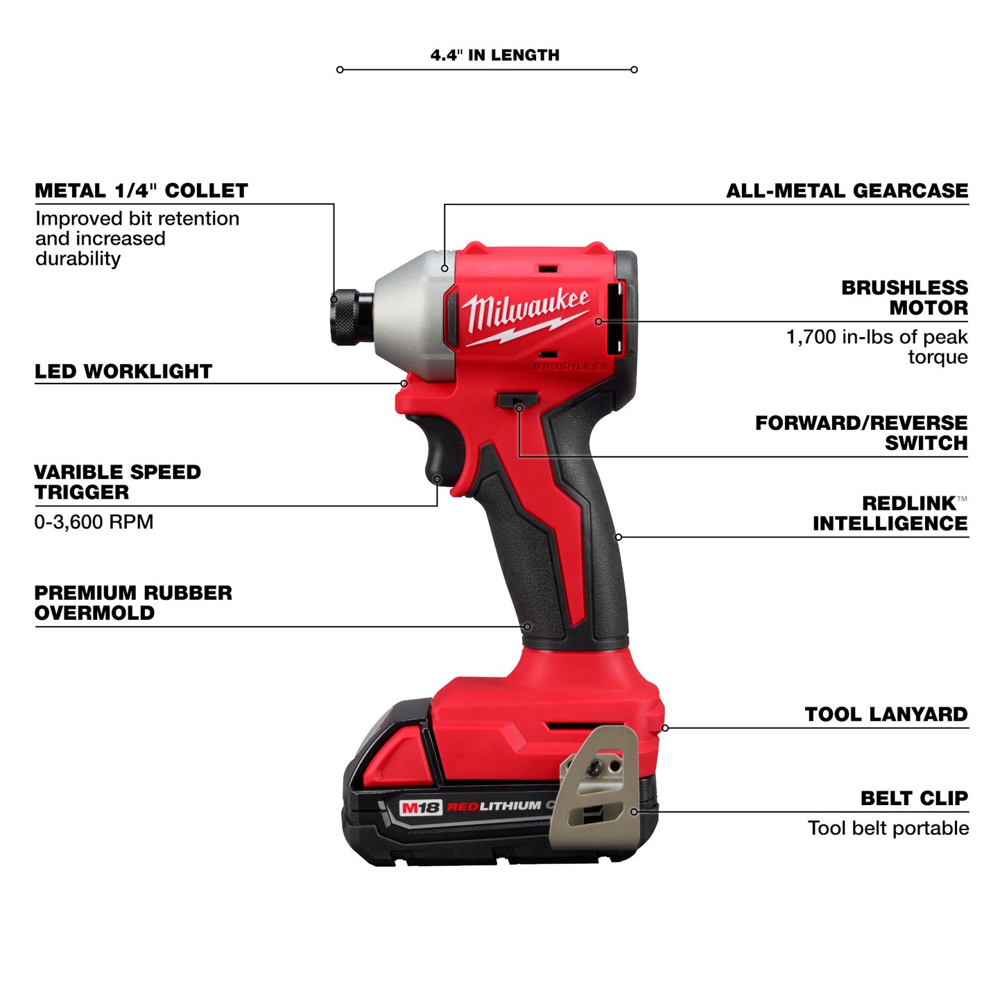 Compact red and black cordless brushless impact driver with LED light, metal gearcase, and belt clip for power tool use