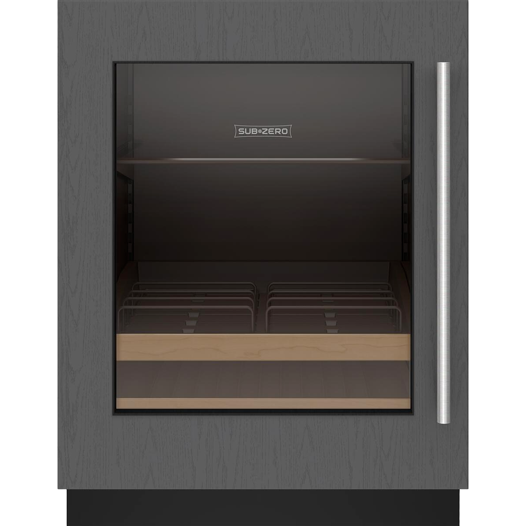Under-counter refrigerator with left hinge, glass door, stainless steel handle, and customizable panel in appliances collection