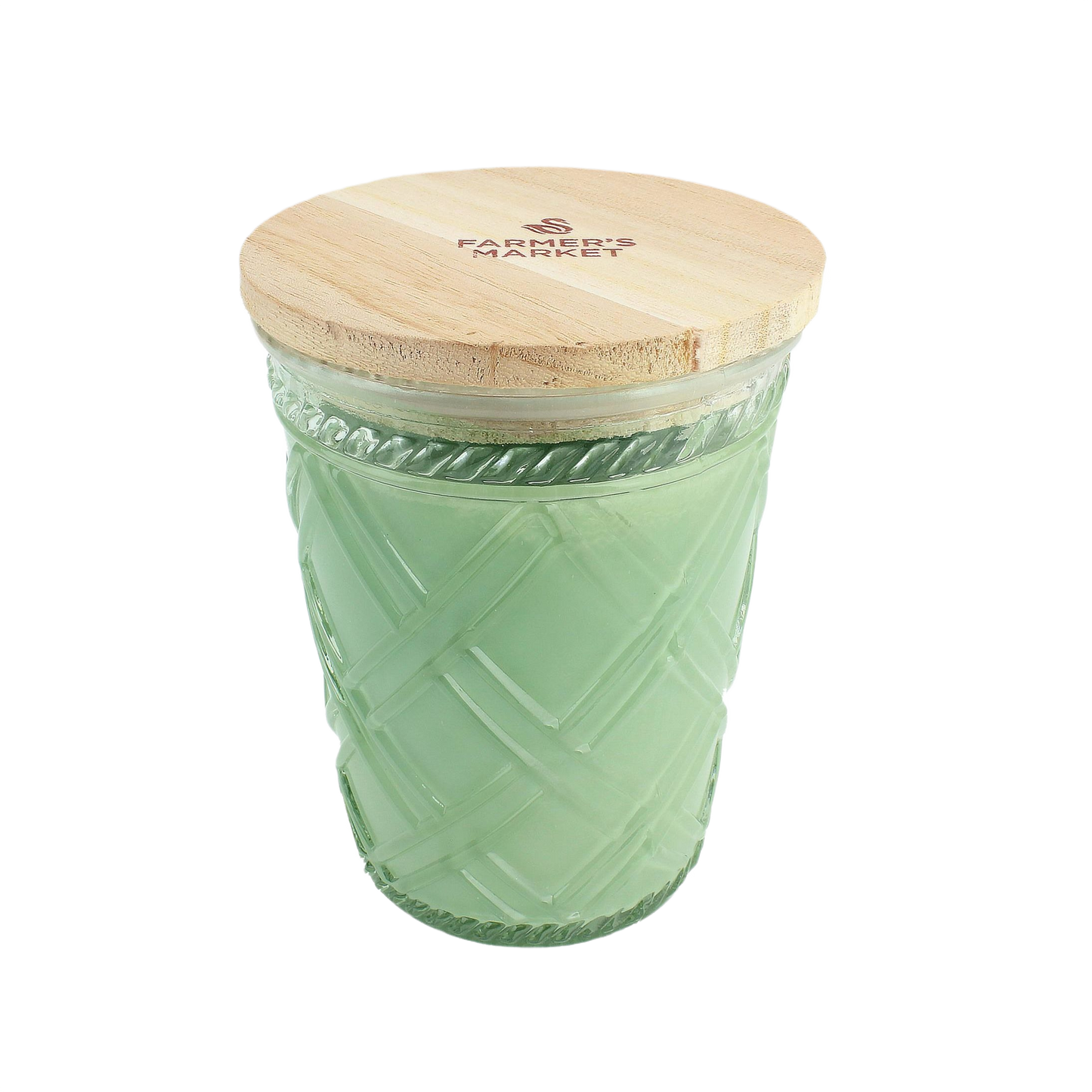 Green soy wax candle in textured glass jar with wooden lid engraved with Farmer's Market logo for home decor