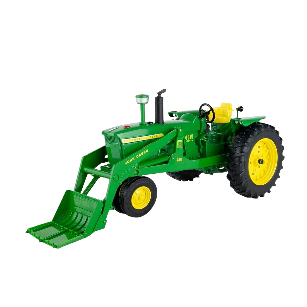 Green and yellow toy tractor model with front loader, detailed for Vehicles & Remote Controlled Toys collection