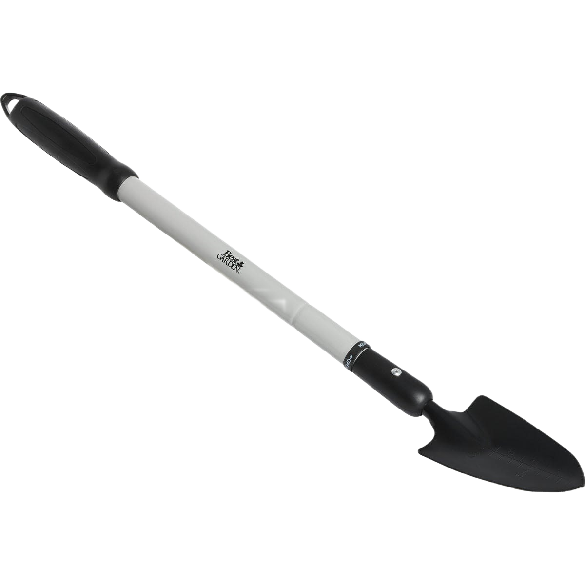 Extendable garden hand trowel with lightweight steel handle and black pointed scoop for outdoor planting tasks