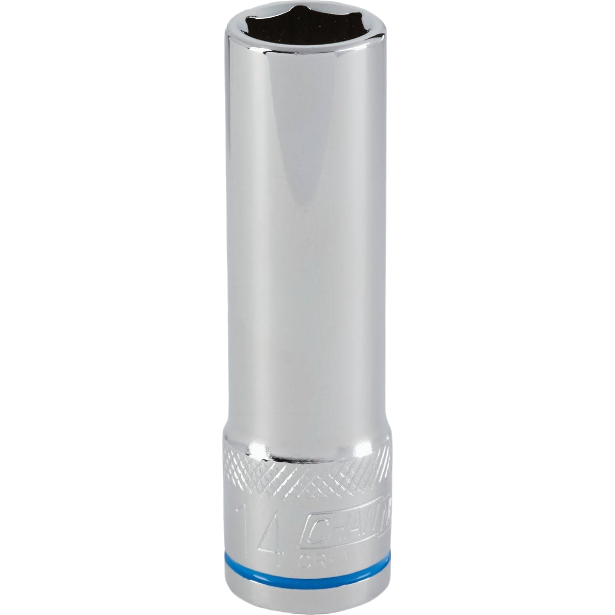 Chrome-finished deep 14mm 6-point socket with textured grip band for sockets and ratchets in hand tools collection