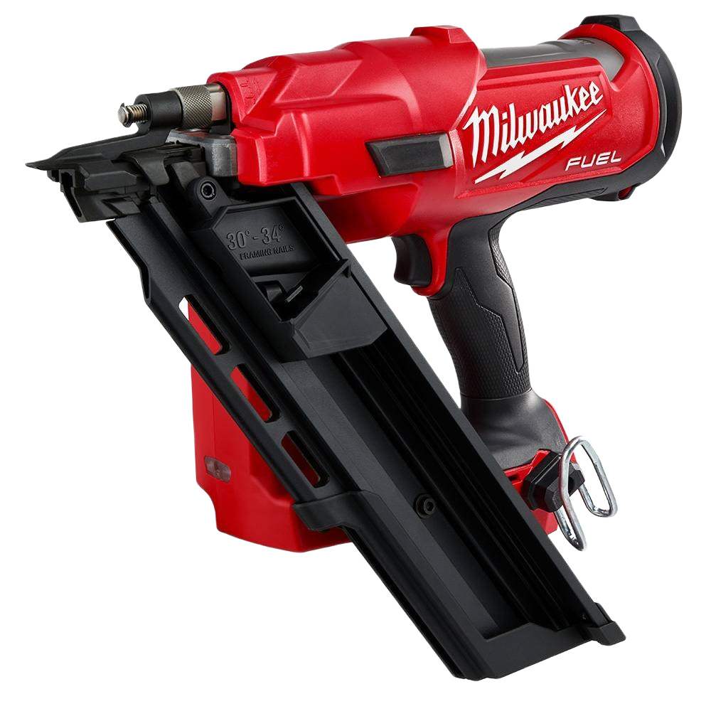 Red and black cordless framing nailer with ergonomic grip and angled magazine for efficient home improvement tasks