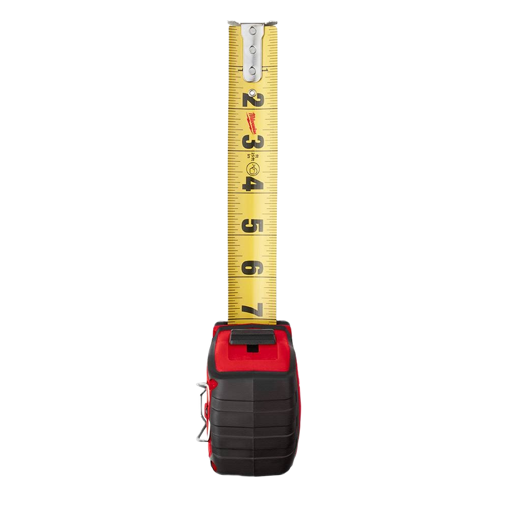Compact red and black tape measure with wide yellow blade extended for precise measurements in home improvement tasks