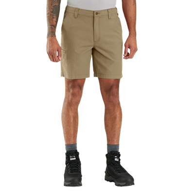 Dark khaki relaxed fit canvas shorts with belt loops and front pockets, designed for durable workwear use