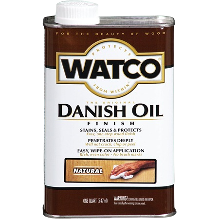 Rust-Oleum Watco natural Danish oil finish in one-gallon can for wood staining, sealing, and finishing tasks