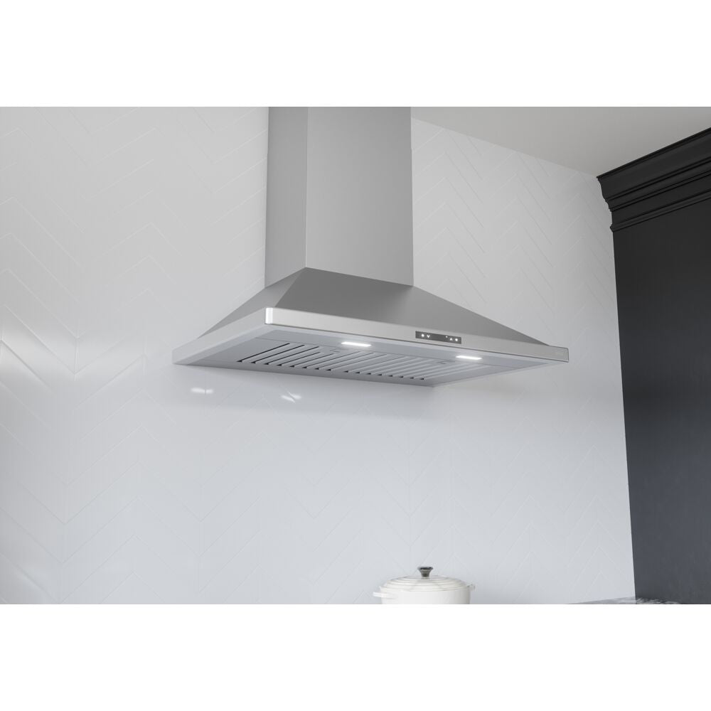 Modern stainless steel wall-mounted chimney hood with LED lighting and baffle filters in kitchen and appliances collection