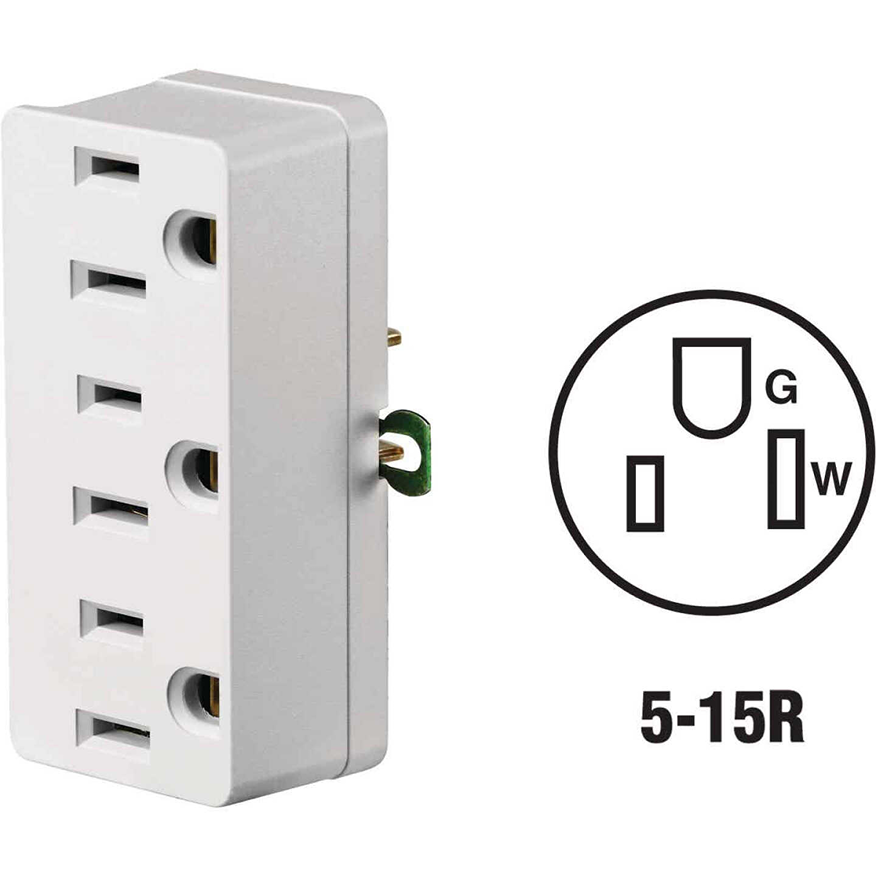 White 15A triple electrical outlet tap adapter with grounding prong for home improvement and electrical wire projects under $50