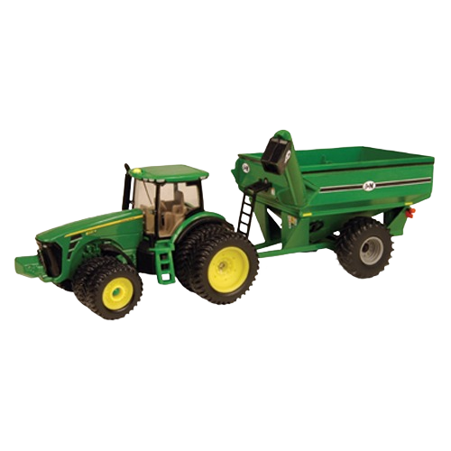 Green 1:64 scale model tractor with grain cart featuring detailed tires and realistic design for collectors or play.