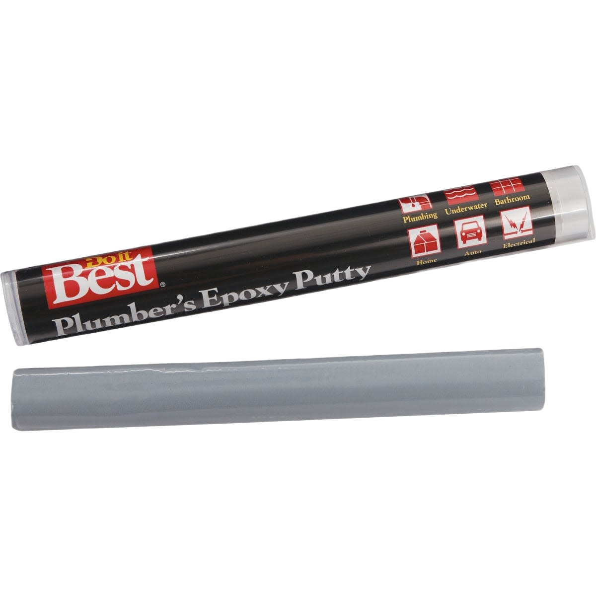 Plastic tube containing gray epoxy putty for plumbing repairs in home improvement projects