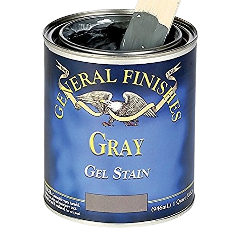 Open can of gray gel stain with wooden stirring stick from General Finishes paints and stains collection