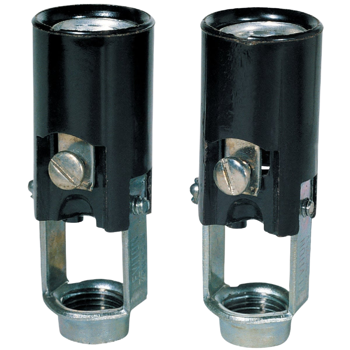 Pair of black keyless candelabra base lamp sockets with metal screw terminals for home improvement lighting projects