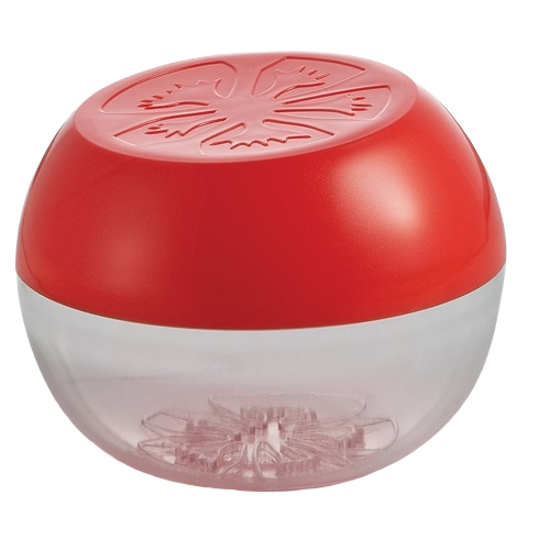 Red and clear tomato-shaped food storage container designed to keep cut tomatoes fresh for home use