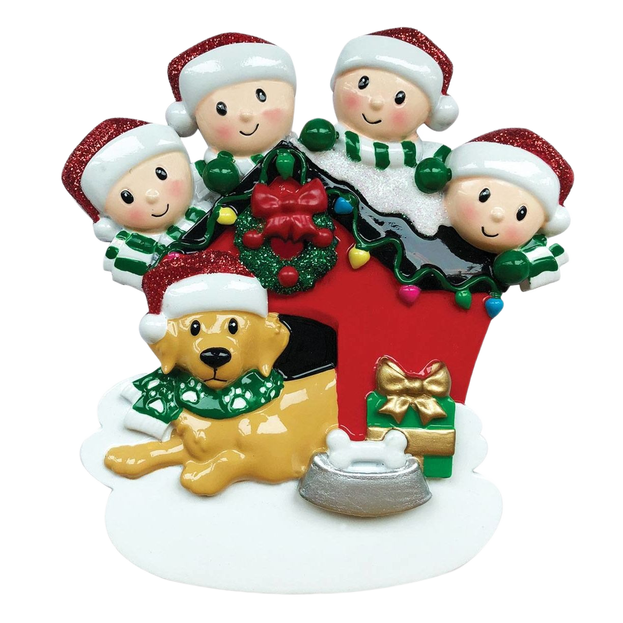 Christmas ornament featuring four smiling figures in Santa hats with a dog, wreath, gift, and festive lights decoration
