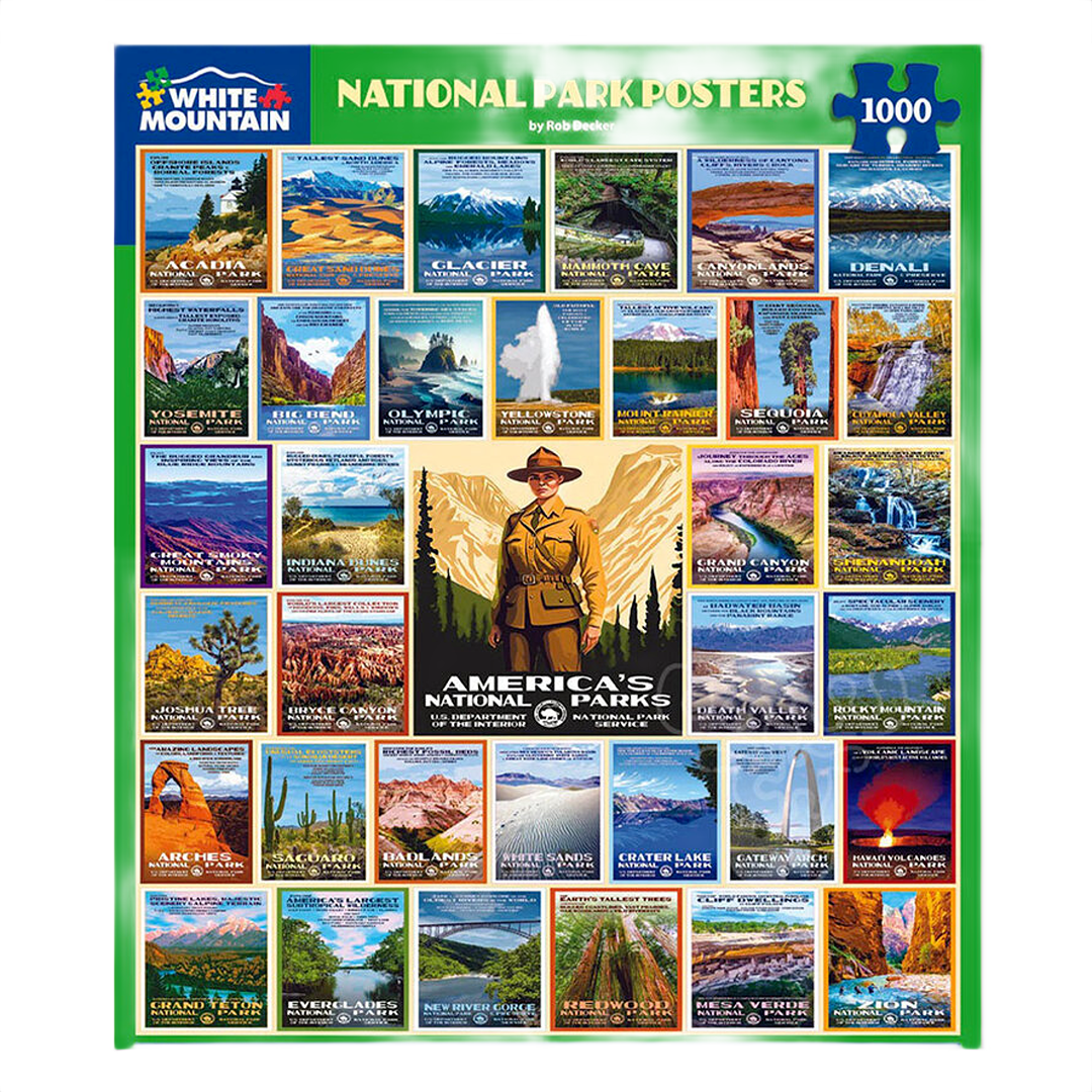 Colorful national park poster collage puzzle box featuring 1000 pieces with vintage artwork by White Mountain Puzzles