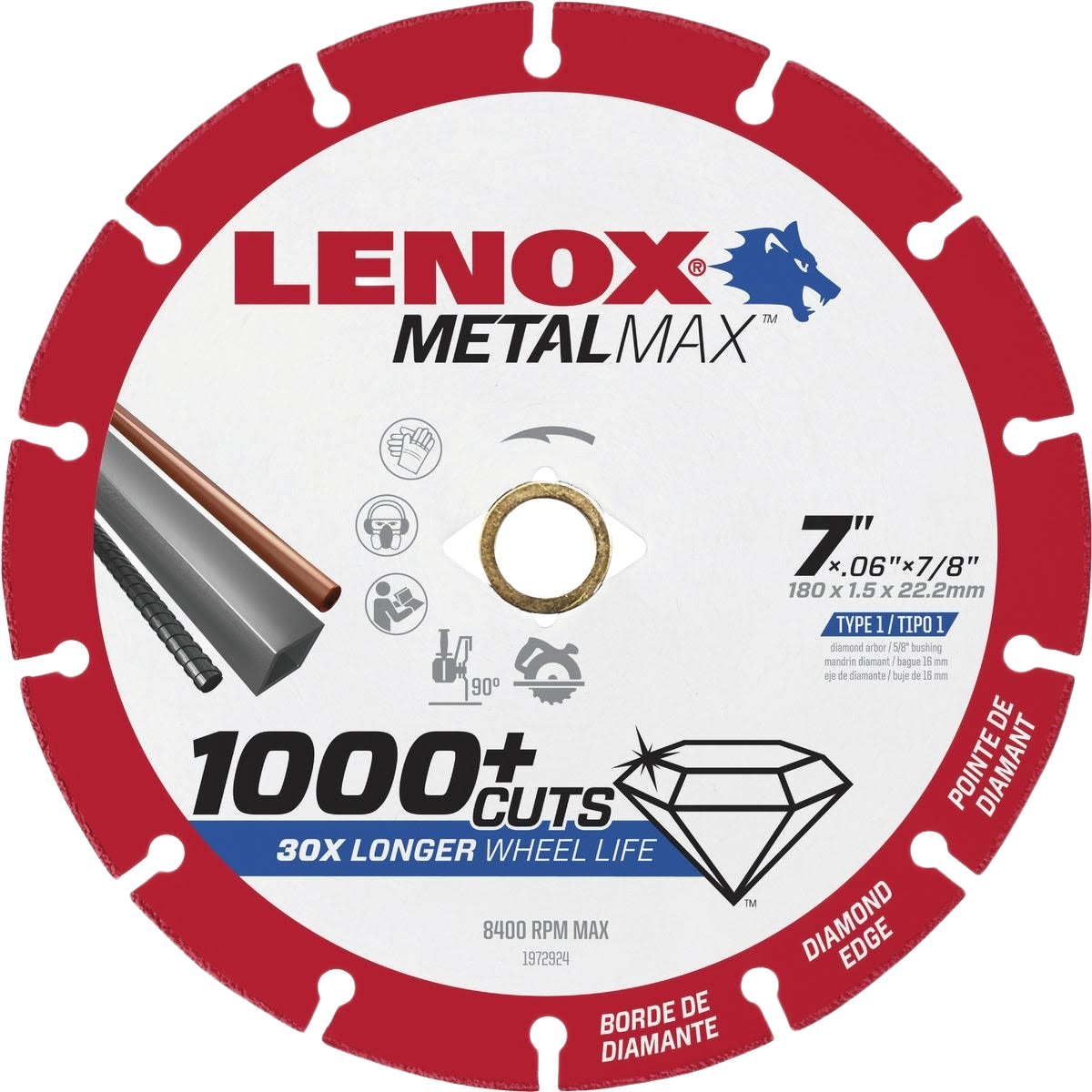 Circular diamond blade with segmented red edge for metal cutting in power and woodworking tool accessories collections