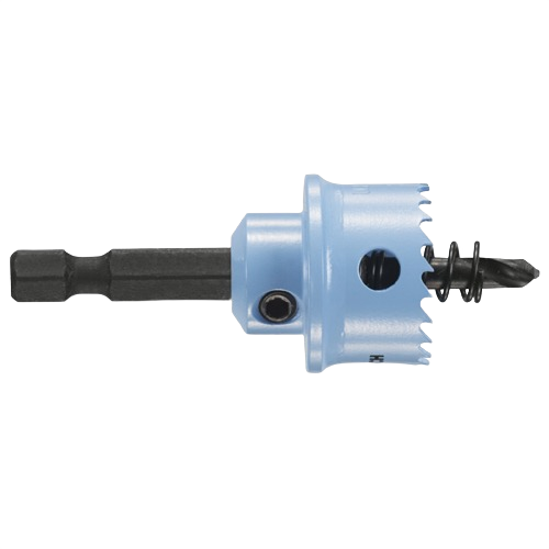 Blue thin-wall hole saw with black hex shank and high-speed steel teeth for woodworking and home improvement tools under $50