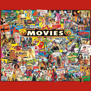 Colorful 1000-piece jigsaw puzzle collage featuring famous classic and modern movie scenes and characters.