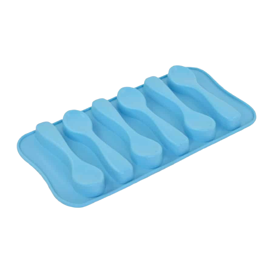 Flexible light blue silicone mold with six spoon-shaped cavities for kitchen utensils and gadget collections