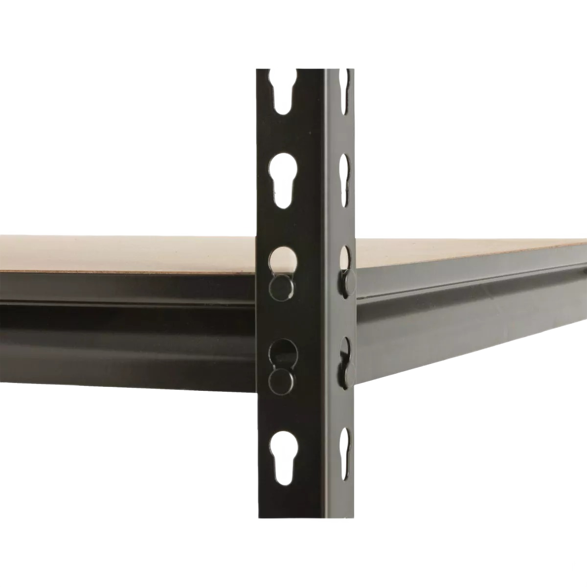 Close-up of black steel Z-beam shelf support with particleboard shelving for durable storage and organization solutions