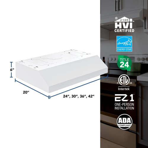 White under-cabinet range hood with dimensions and energy certification logos in a modern kitchen setting