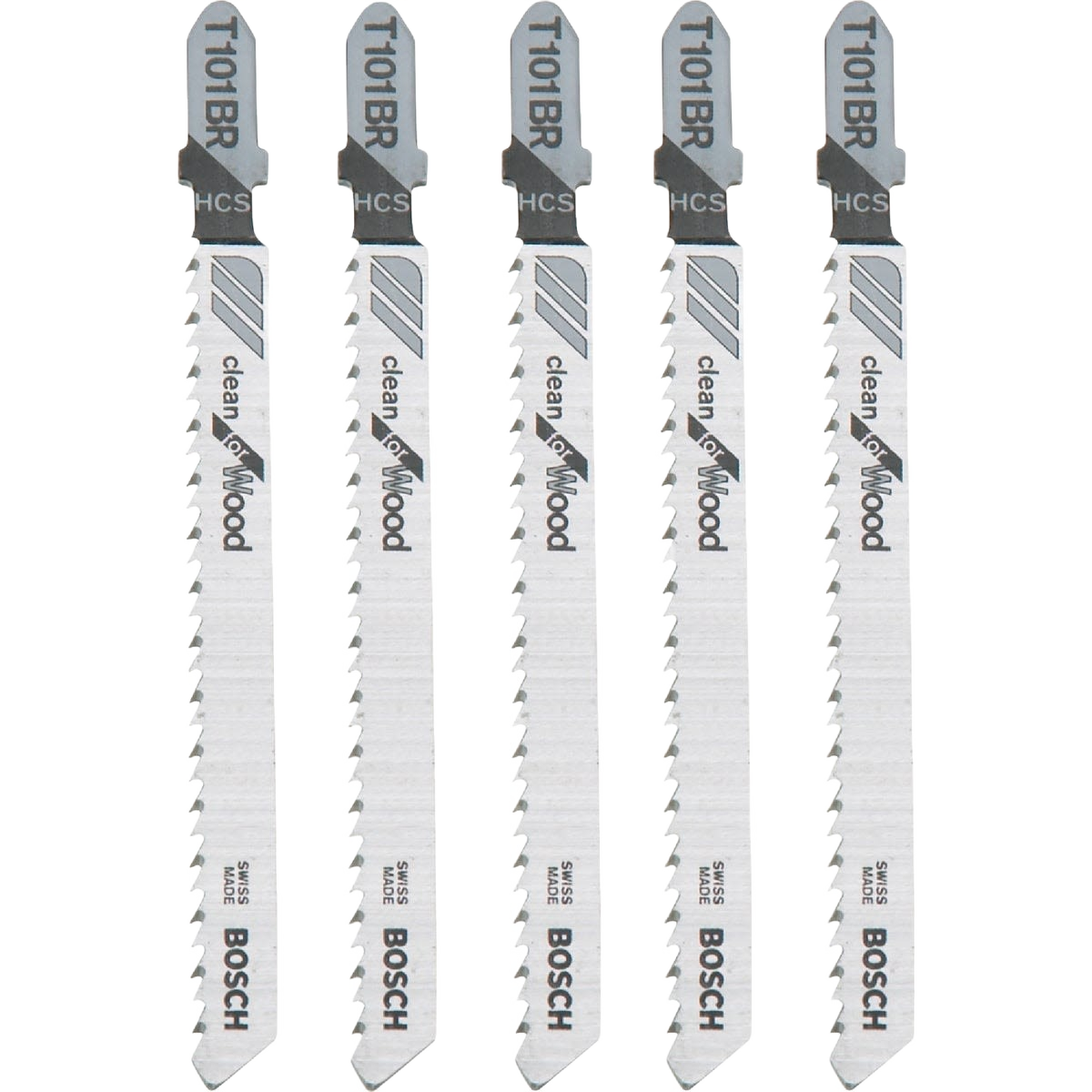 Set of five Bosch T-shank jig saw blades with fine teeth designed for clean and precise wood cutting in home improvement projects