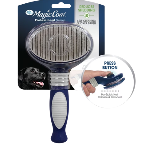 Self-cleaning slicker brush with ergonomic handle for easy pet hair removal and reduced shedding during grooming tasks