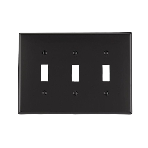 Black 3-gang standard toggle switch wallplate with six mounting screws for home improvement and tools use