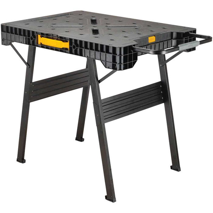 Portable black folding workstation with handles and sturdy legs for tools and home improvement projects