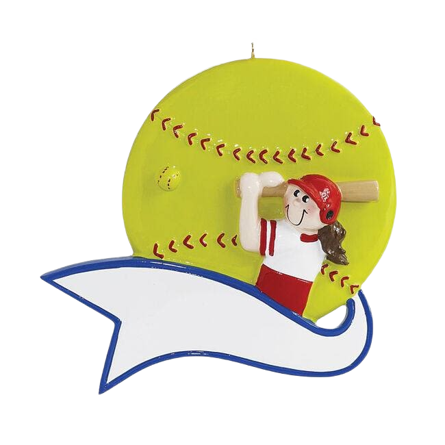 Girl in red helmet swinging bat in front of bright softball with blank banner Christmas ornament under 50 dollars