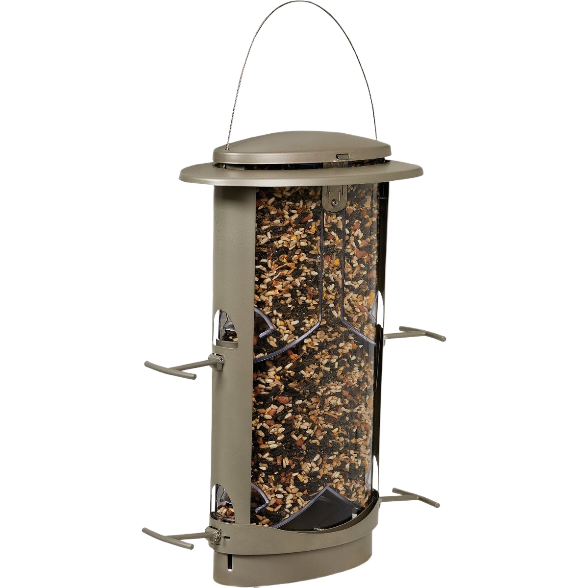 Tan plastic elliptical tube bird feeder with metal hanging handle and multiple feeding ports for outdoor use