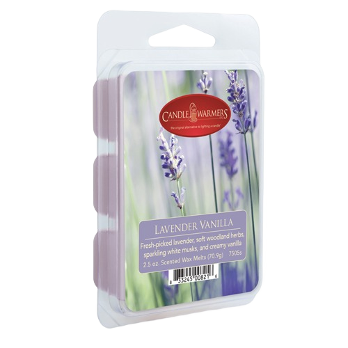 Pack of lavender vanilla scented wax melts with fresh floral and creamy vanilla fragrance for home ambiance.