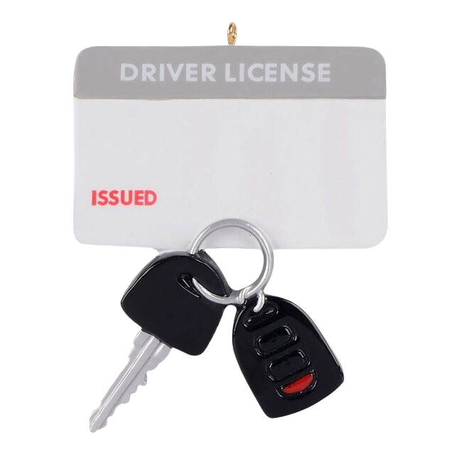 Christmas tree ornament featuring a personalized driver’s license with attached car key and remote under $50 collection
