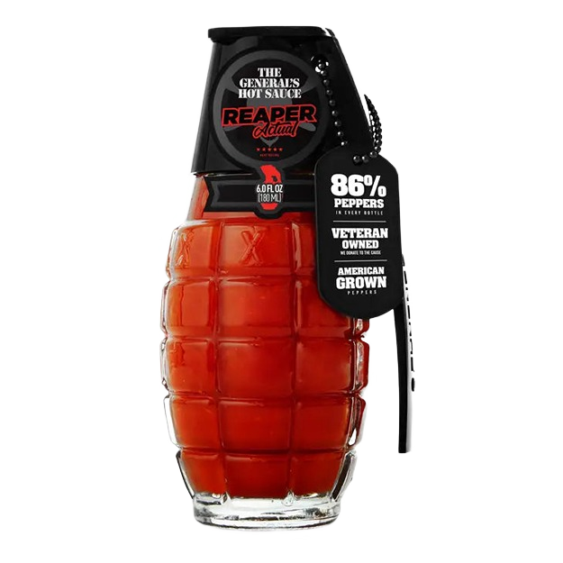 Glass bottle shaped like a grenade filled with red hot sauce for grilling sauces and BBQ rubs under $50 collection