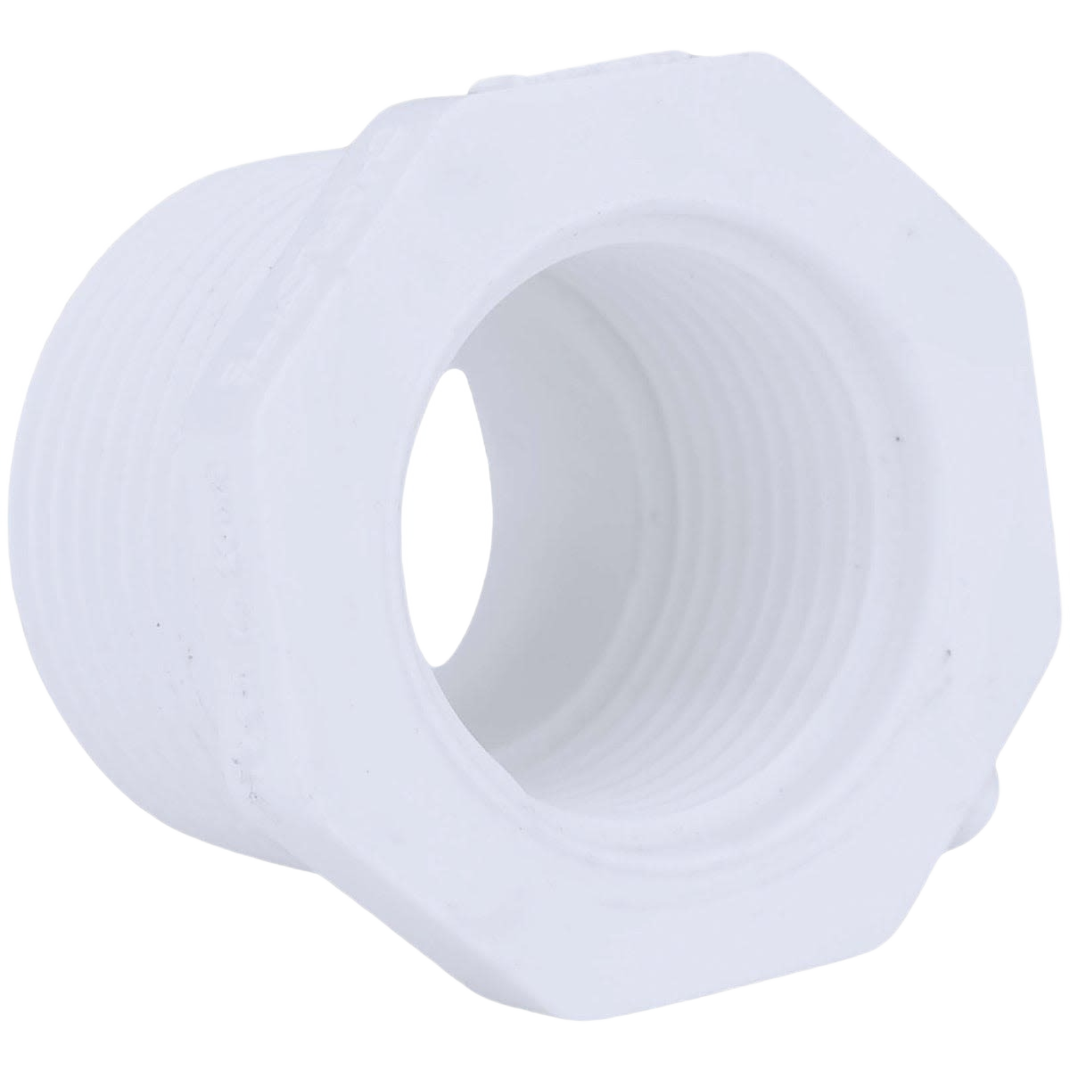 White PVC plumbing bushing with male and female threaded ends for Pipes & Fittings and home improvement use