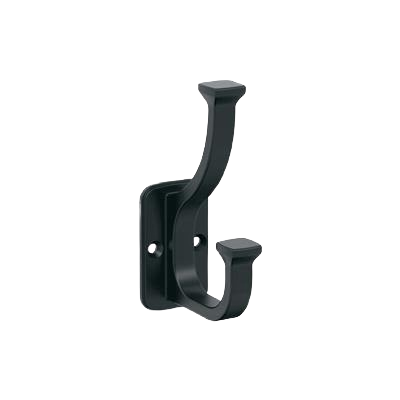 Matte black two-prong wall hook with decorative squared ends for organizing and enhancing home improvement spaces