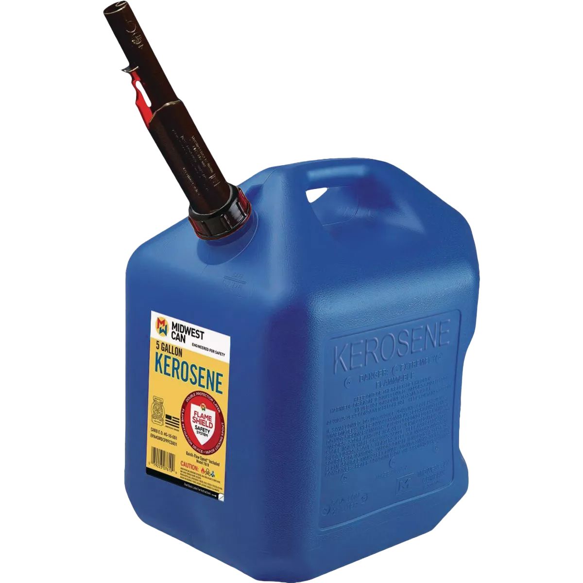 Blue 5 gallon plastic fuel can with auto shut-off spout for safe kerosene storage in automotive tool collections