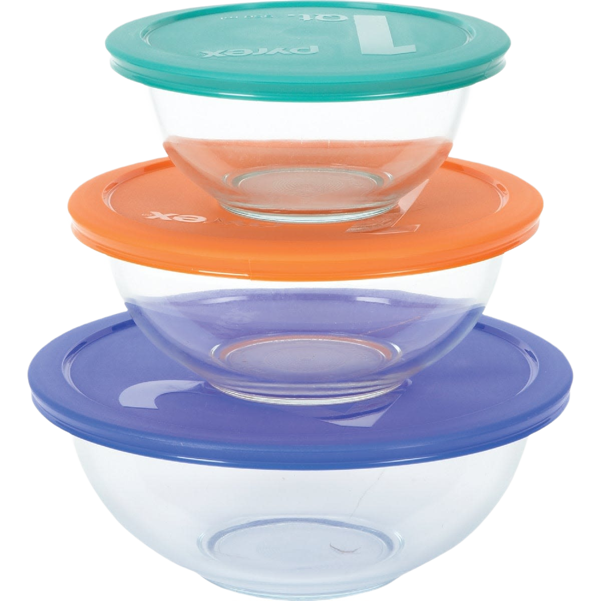 Set of three clear Pyrex mixing bowls with colorful lids in teal, orange, and purple for kitchen storage and organization.