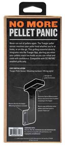 Packaging for Traeger pellet sensor with mounting hardware and LED for pellet level monitoring in grill accessories