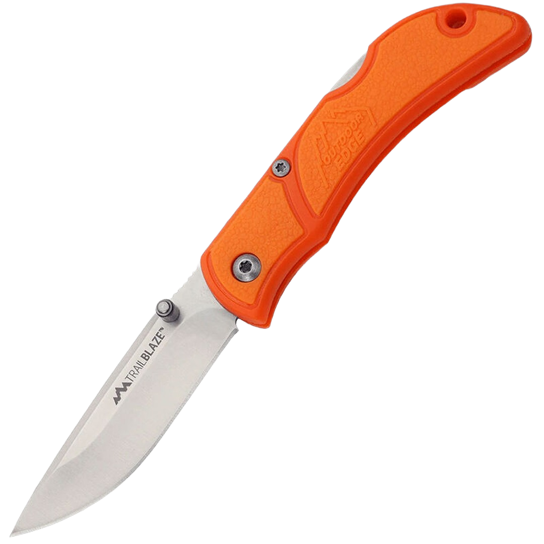 Folding drop point blade knife with bright orange textured handle for outdoor and home improvement tasks