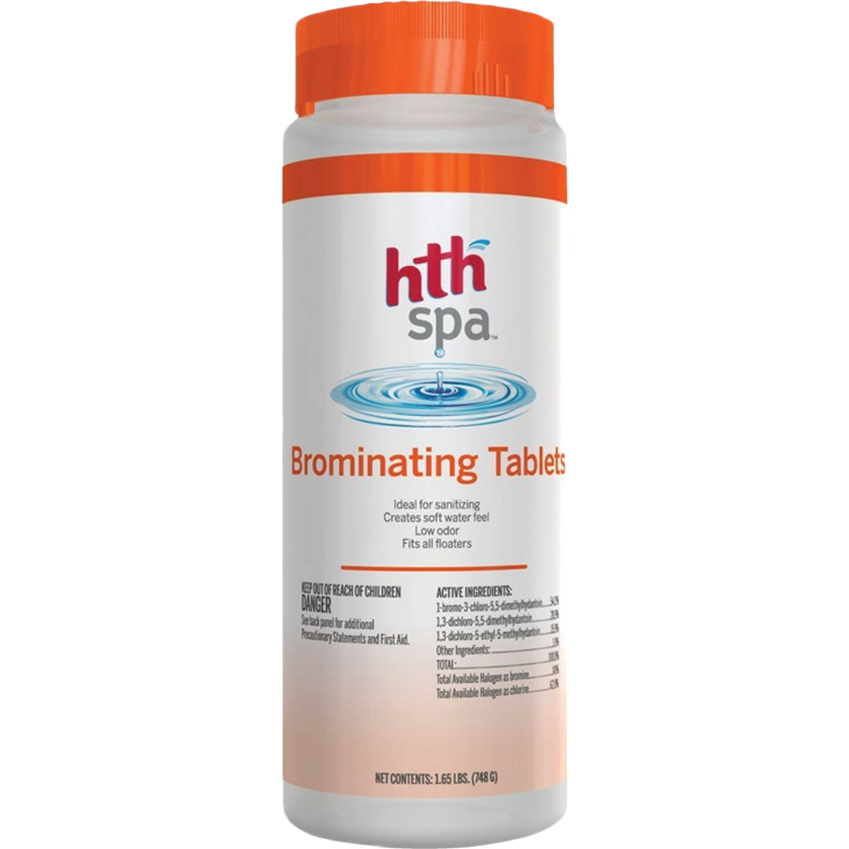 Container of HTH Spa bromine tablets for sanitizing spa and hot tub water with low odor and easy dissolving formula